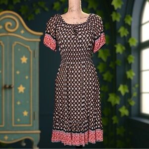 Dashing Chic Black & Orange Patterned Midi Dress M